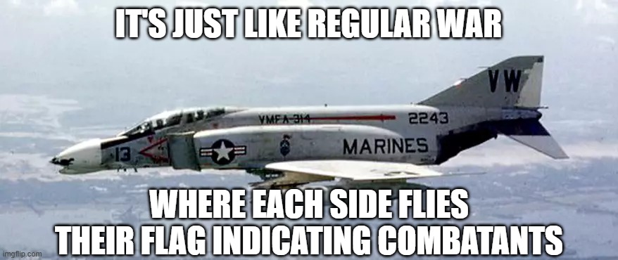 fighter jet | IT'S JUST LIKE REGULAR WAR WHERE EACH SIDE FLIES THEIR FLAG INDICATING COMBATANTS | image tagged in fighter jet | made w/ Imgflip meme maker