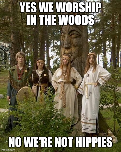 Pagan Pride | YES WE WORSHIP IN THE WOODS; NO WE'RE NOT HIPPIES | image tagged in slavic paganism,pride | made w/ Imgflip meme maker