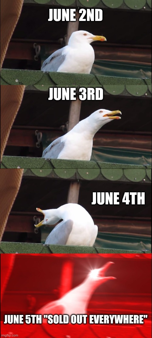 Switch 2 | JUNE 2ND; JUNE 3RD; JUNE 4TH; JUNE 5TH "SOLD OUT EVERYWHERE" | image tagged in memes,inhaling seagull | made w/ Imgflip meme maker