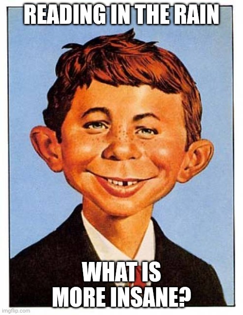 alfred-e-newman | READING IN THE RAIN; WHAT IS MORE INSANE? | image tagged in alfred-e-newman | made w/ Imgflip meme maker