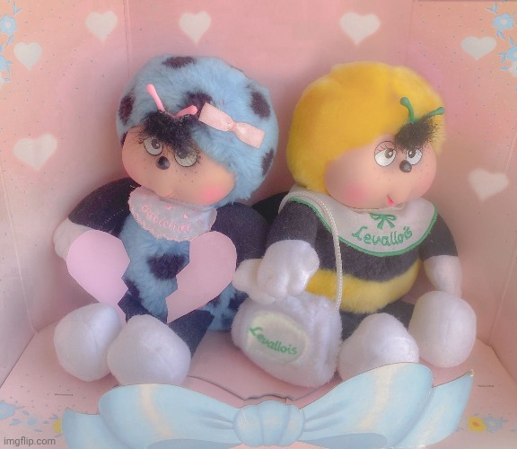 Cococinel 1992 (Cocomiel): Babicinel (Babimiel) & Levallois the bee vintage rubber face plush | image tagged in babicinel,cococinel,rubber face plush,vintage toys,rushton,ladybug | made w/ Imgflip meme maker