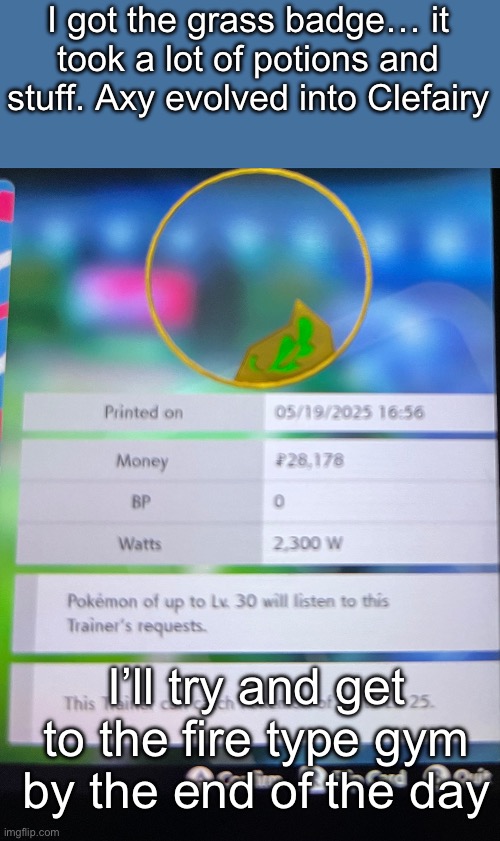 Ask me anything about this run if you want | I got the grass badge… it took a lot of potions and stuff. Axy evolved into Clefairy; I’ll try and get to the fire type gym by the end of the day | made w/ Imgflip meme maker