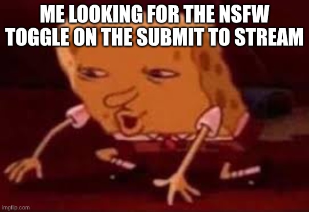 i cant find it! | ME LOOKING FOR THE NSFW TOGGLE ON THE SUBMIT TO STREAM | image tagged in searching spongebob | made w/ Imgflip meme maker