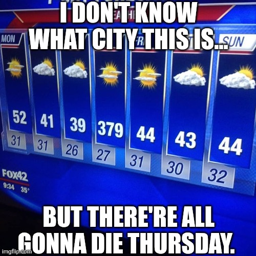 I Don't Know What City This Is... But There're All Gonna Die Thursday. | I DON'T KNOW WHAT CITY THIS IS... BUT THERE'RE ALL GONNA DIE THURSDAY. | image tagged in chrisjoines1 | made w/ Imgflip meme maker