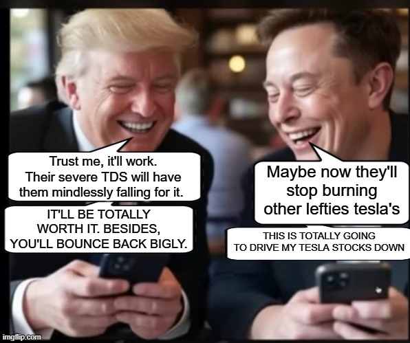 Elon and Trump fake feud | Trust me, it'll work. Their severe TDS will have them mindlessly falling for it. Maybe now they'll stop burning other lefties tesla's; IT'LL BE TOTALLY WORTH IT. BESIDES, YOU'LL BOUNCE BACK BIGLY. THIS IS TOTALLY GOING TO DRIVE MY TESLA STOCKS DOWN | image tagged in fake feud,trump and elon,fake fight,fight hoax,epstein files,big beautiful bill | made w/ Imgflip meme maker