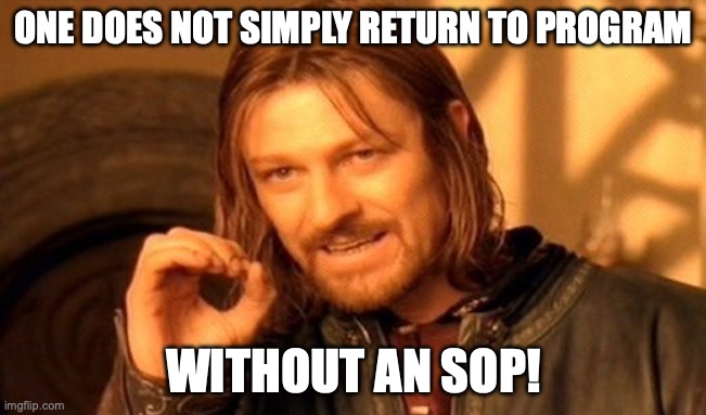 return to program SOP | ONE DOES NOT SIMPLY RETURN TO PROGRAM; WITHOUT AN SOP! | image tagged in memes,one does not simply,return to program,sop | made w/ Imgflip meme maker