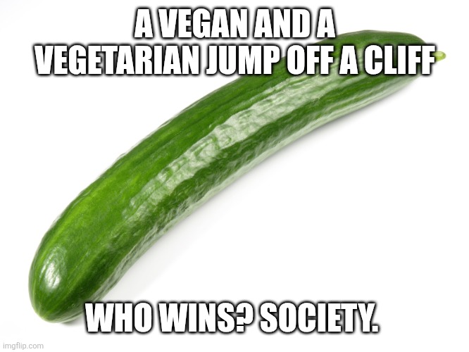 cucumber | A VEGAN AND A VEGETARIAN JUMP OFF A CLIFF; WHO WINS? SOCIETY. | image tagged in cucumber | made w/ Imgflip meme maker