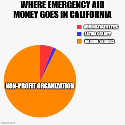 Charity has never been so lucrative than in California | WHERE EMERGENCY AID MONEY GOES IN CALIFORNIA; ADMINISTRATIVE FEES; ACTUAL CHARITY; MASSIVE SALARIES; NON-PROFIT ORGANIZATION | image tagged in 3 section pie chart,politics lol,california,democrats,scammers,liberal hypocrisy | made w/ Imgflip meme maker