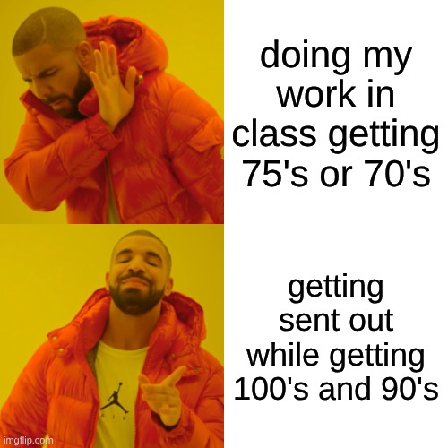 Drake Hotline Bling Meme | doing my work in class getting 75's or 70's; getting sent out while getting 100's and 90's | image tagged in memes,drake hotline bling | made w/ Imgflip meme maker
