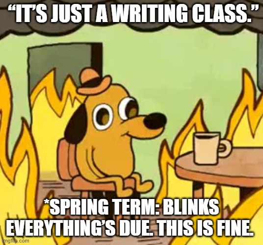 Its fine | “IT’S JUST A WRITING CLASS.”; *SPRING TERM: BLINKS
EVERYTHING’S DUE. THIS IS FINE. | image tagged in its fine | made w/ Imgflip meme maker