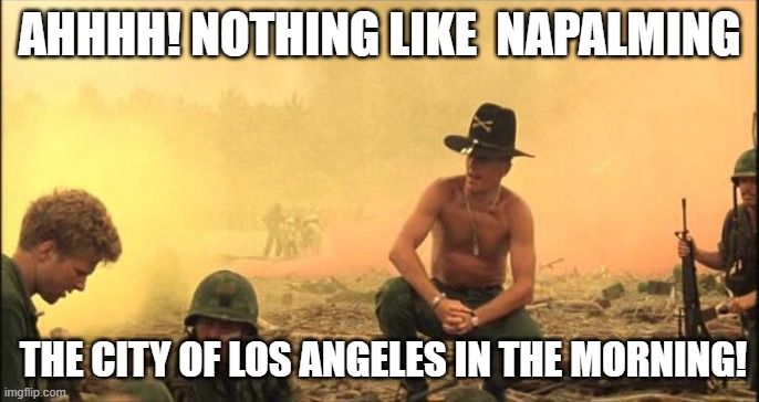 nuke em baby. | AHHHH! NOTHING LIKE  NAPALMING; THE CITY OF LOS ANGELES IN THE MORNING! | image tagged in i love the smell of napalm in the morning,democrats,los angeles,california,protests | made w/ Imgflip meme maker