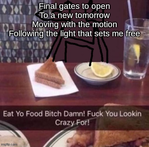 Eat yo food bitch damn | Final gates to open
To a new tomorrow
Moving with the motion
Following the light that sets me free | image tagged in eat yo food bitch damn | made w/ Imgflip meme maker