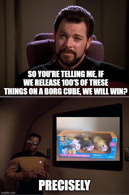 Zhu Zhu Curse | SO YOU'RE TELLING ME, IF WE RELEASE 100'S OF THESE THINGS ON A BORG CUBE, WE WILL WIN? PRECISELY | image tagged in star trek we could have seen this several times already | made w/ Imgflip meme maker
