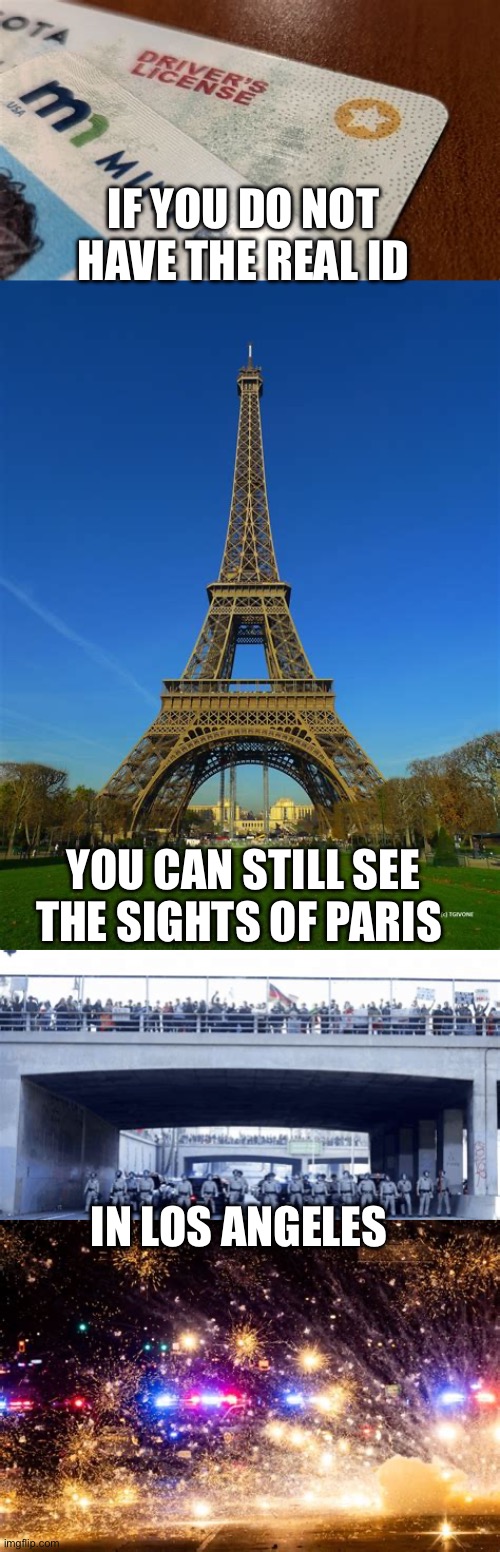Socialist/Marxists are ruining the world. | IF YOU DO NOT HAVE THE REAL ID; YOU CAN STILL SEE THE SIGHTS OF PARIS; IN LOS ANGELES | image tagged in protests,los angeles | made w/ Imgflip meme maker