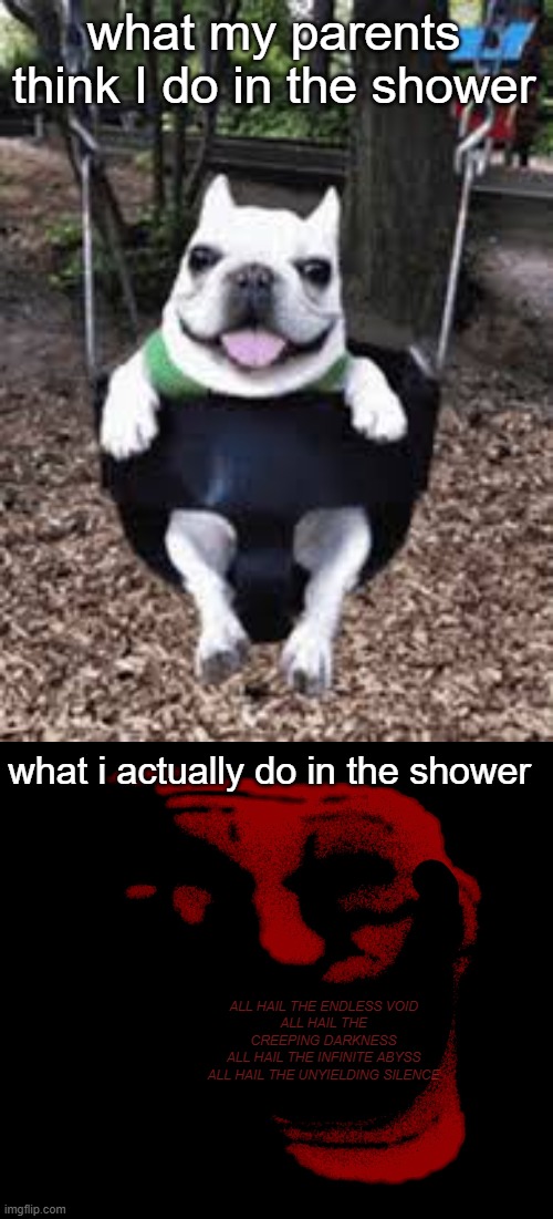 the song of the void hums in my blood | what my parents think I do in the shower; what i actually do in the shower; ALL HAIL THE ENDLESS VOID
ALL HAIL THE CREEPING DARKNESS
ALL HAIL THE INFINITE ABYSS
ALL HAIL THE UNYIELDING SILENCE | image tagged in i beat my dick in the shower,infinity trolling,the song of the void hums in my blood | made w/ Imgflip meme maker