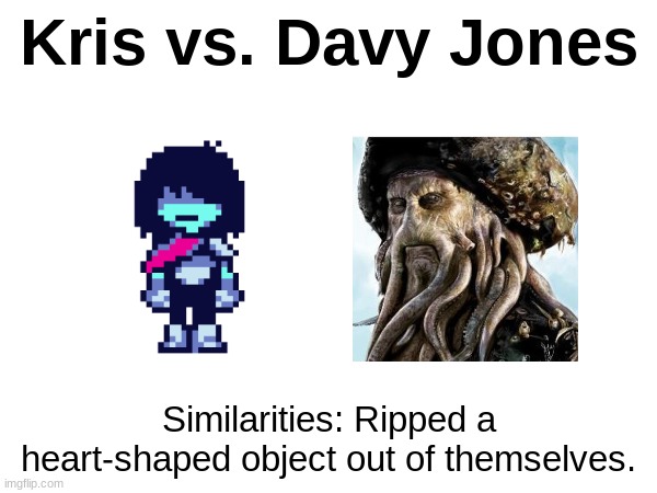 May I have your [[HeartShapedObject]] please? | Kris vs. Davy Jones; Similarities: Ripped a heart-shaped object out of themselves. | image tagged in davy jones,pirates of the carribean,kris,deltarune,heart-shaped object | made w/ Imgflip meme maker