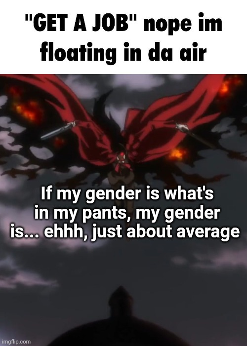 Floating in da air >:3 | If my gender is what's in my pants, my gender is... ehhh, just about average | image tagged in floating in da air 3 | made w/ Imgflip meme maker