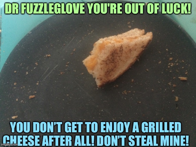 Out of luck for a grilled cheese… | DR FUZZLEGLOVE YOU'RE OUT OF LUCK! YOU DON’T GET TO ENJOY A GRILLED CHEESE AFTER ALL! DON’T STEAL MINE! | image tagged in food,food memes,yummy | made w/ Imgflip meme maker