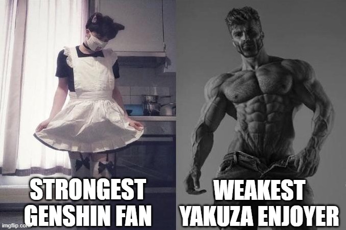 Yakuza is far better than genshin | STRONGEST GENSHIN FAN; WEAKEST YAKUZA ENJOYER | image tagged in strongest fan vs weakest fan,genshin,yakuza,video games | made w/ Imgflip meme maker
