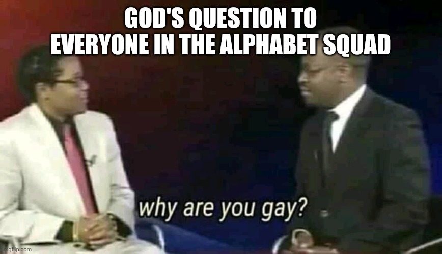 Why are you gay? | GOD'S QUESTION TO EVERYONE IN THE ALPHABET SQUAD | image tagged in why are you gay | made w/ Imgflip meme maker