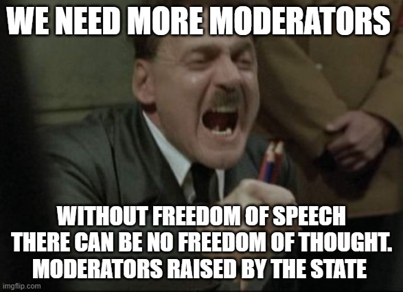 Hitler Downfall | WE NEED MORE MODERATORS; WITHOUT FREEDOM OF SPEECH THERE CAN BE NO FREEDOM OF THOUGHT. MODERATORS RAISED BY THE STATE | image tagged in hitler downfall | made w/ Imgflip meme maker