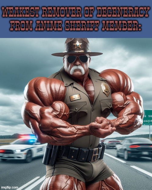 If you don't know what remover of degeneracy from anime sheriff is? it's basically a group that wants to make anime better. | WEAKEST REMOVER OF DEGENERACY FROM ANIME SHERIFF MEMBER: | image tagged in group,sheriff,based,muscular | made w/ Imgflip meme maker