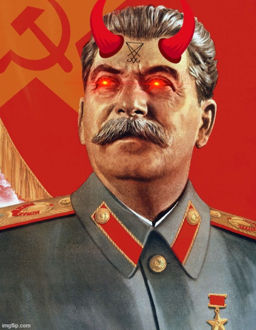 Joseph Stalin with Luciferian sigil, red eyes and demon horns | image tagged in joseph stalin,devil,red eyes,demon,communism,lucifer | made w/ Imgflip meme maker