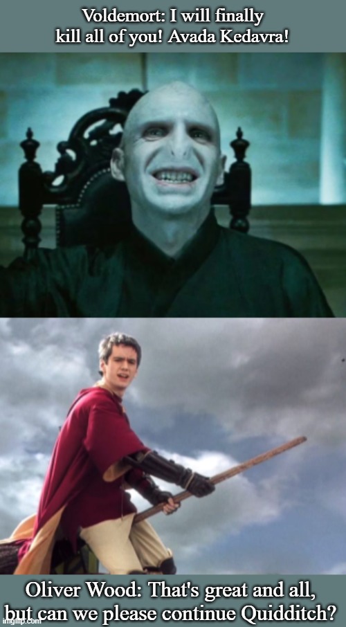 This one Quidditch mf lol | Voldemort: I will finally kill all of you! Avada Kedavra! Oliver Wood: That's great and all, but can we please continue Quidditch? | image tagged in harry potter | made w/ Imgflip meme maker