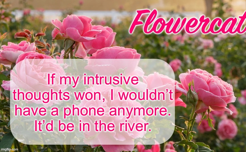 Flowercat template | If my intrusive thoughts won, I wouldn’t have a phone anymore. It’d be in the river. | image tagged in flowercat template | made w/ Imgflip meme maker
