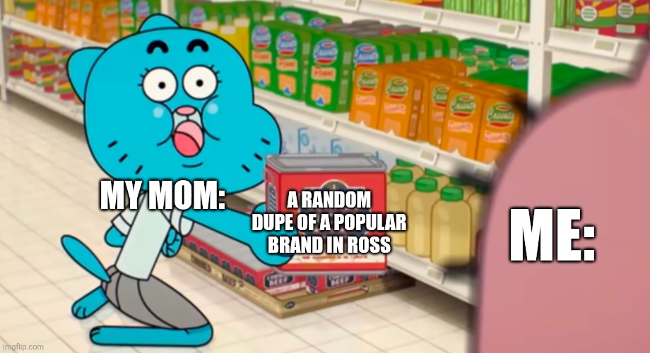 Nicole Corned Beef | ME:; A RANDOM DUPE OF A POPULAR BRAND IN ROSS; MY MOM: | image tagged in nicole corned beef,cross,cheap,tawog | made w/ Imgflip meme maker
