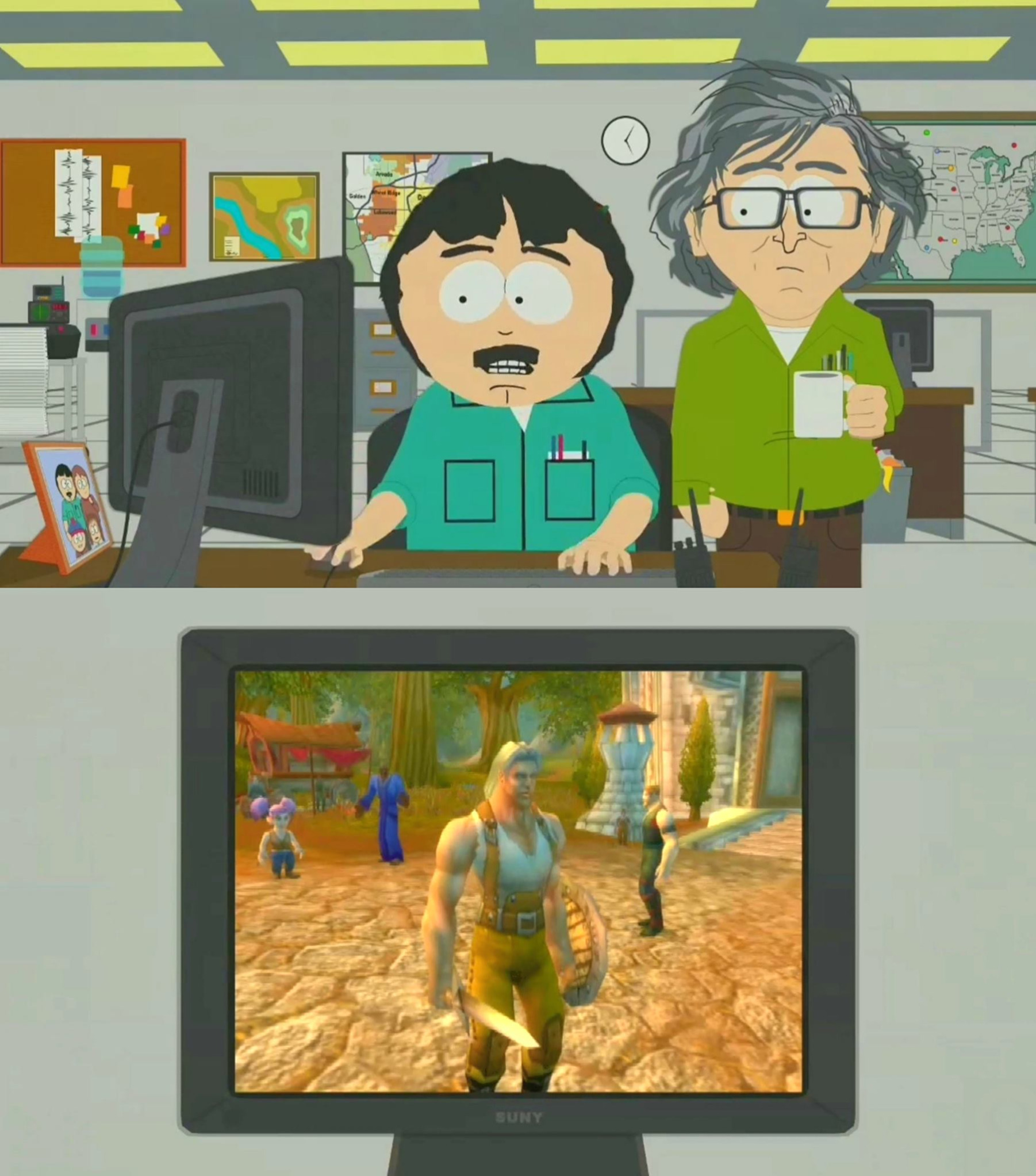 Randy mostrando su personaje de WarCraft Blank Meme Template