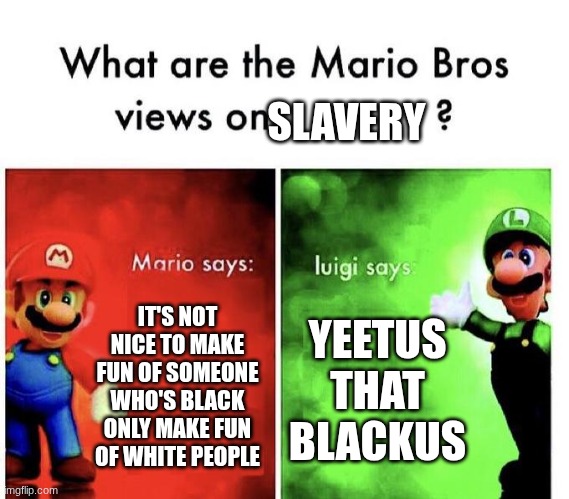 Mario Bros Views | SLAVERY; IT'S NOT NICE TO MAKE FUN OF SOMEONE WHO'S BLACK ONLY MAKE FUN OF WHITE PEOPLE; YEETUS THAT BLACKUS | image tagged in mario bros views,slavery,racism,mario,nintendo | made w/ Imgflip meme maker
