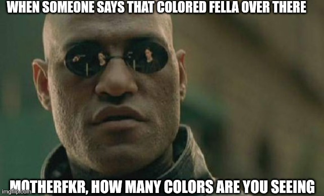 Matrix Morpheus Meme | WHEN SOMEONE SAYS THAT COLORED FELLA OVER THERE; MOTHERFKR, HOW MANY COLORS ARE YOU SEEING | image tagged in memes,matrix morpheus | made w/ Imgflip meme maker