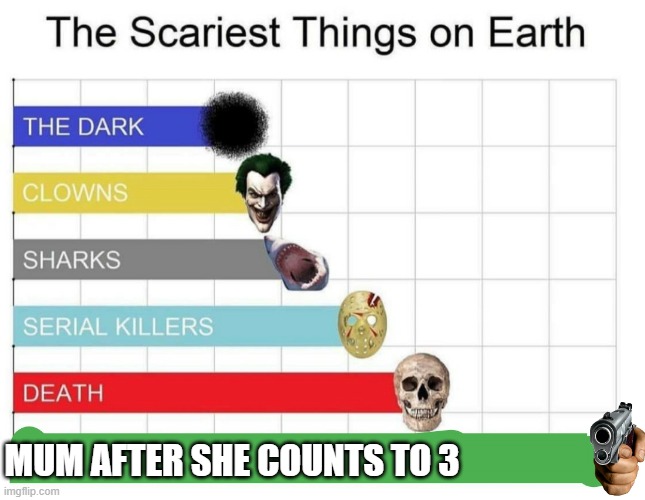 scariest things on earth | MUM AFTER SHE COUNTS TO 3 | image tagged in scariest things on earth | made w/ Imgflip meme maker