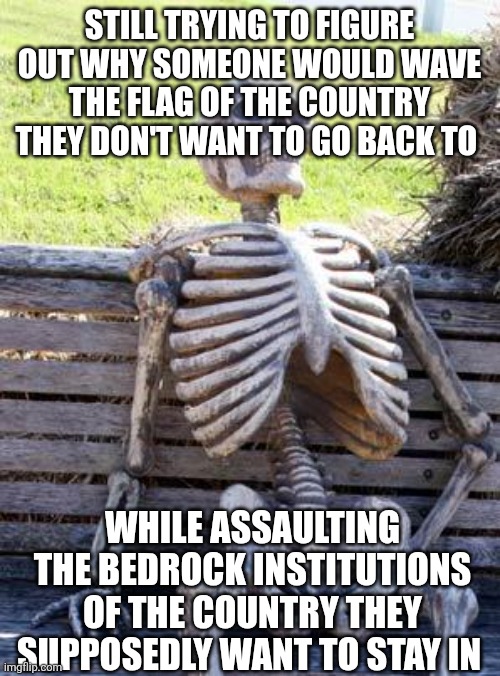 Waiting Skeleton | STILL TRYING TO FIGURE OUT WHY SOMEONE WOULD WAVE THE FLAG OF THE COUNTRY THEY DON'T WANT TO GO BACK TO; WHILE ASSAULTING THE BEDROCK INSTITUTIONS OF THE COUNTRY THEY SUPPOSEDLY WANT TO STAY IN | image tagged in memes,waiting skeleton | made w/ Imgflip meme maker