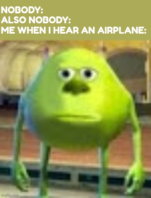 Sully Wazowski | NOBODY:
ALSO NOBODY:
ME WHEN I HEAR AN AIRPLANE: | image tagged in sully wazowski | made w/ Imgflip meme maker