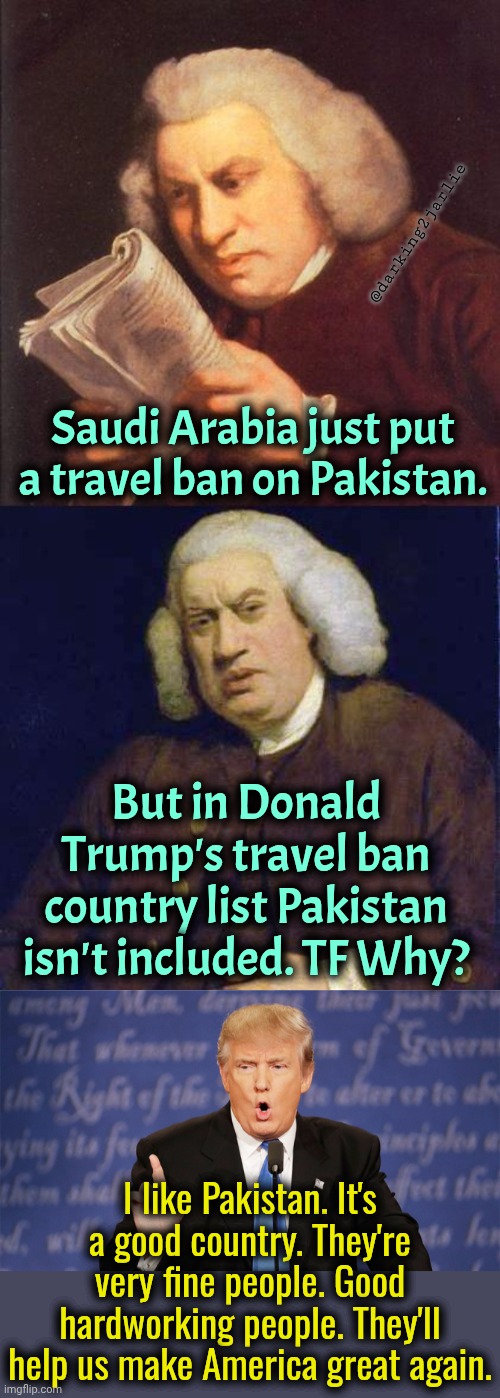 No travel ban on Pakistan. Because....... | @darking2jarlie; Saudi Arabia just put a travel ban on Pakistan. But in Donald Trump's travel ban country list Pakistan isn't included. TF Why? I like Pakistan. It's a good country. They're very fine people. Good hardworking people. They'll help us make America great again. | image tagged in donald trump,trump,america,politics | made w/ Imgflip meme maker