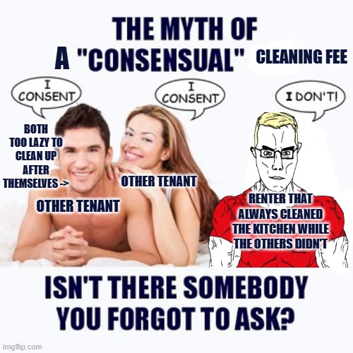 Renter Cleaning Fee | BOTH TOO LAZY TO CLEAN UP AFTER THEMSELVES ->; RENTER THAT ALWAYS CLEANED THE KITCHEN WHILE THE OTHERS DIDN'T | image tagged in renting,landlords,cleaning,tenants,fees,consent | made w/ Imgflip meme maker