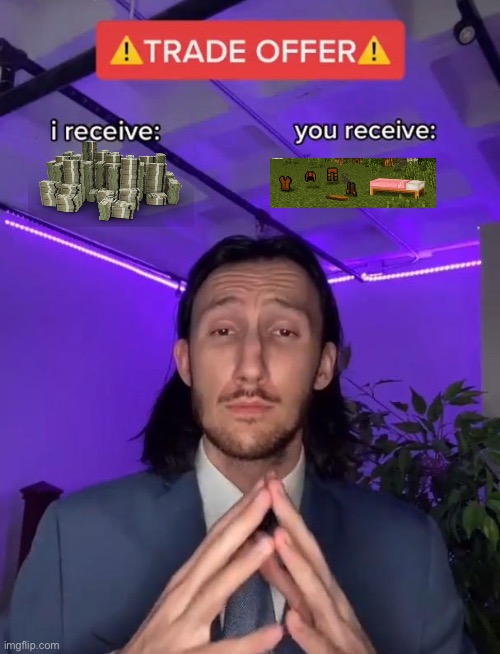 He receives money and I receive leather armor, a bread and a pink bed | image tagged in trade offer | made w/ Imgflip meme maker