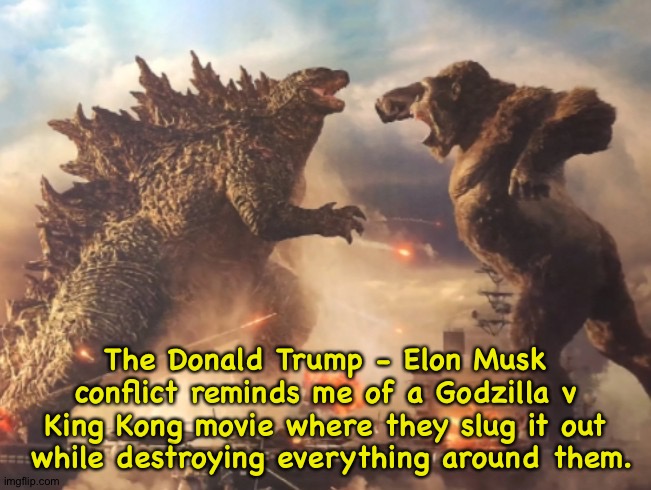 Godzilla v King Kong being generally destructive. | The Donald Trump - Elon Musk conflict reminds me of a Godzilla v King Kong movie where they slug it out  while destroying everything around them. | image tagged in godzilla vs kong | made w/ Imgflip meme maker