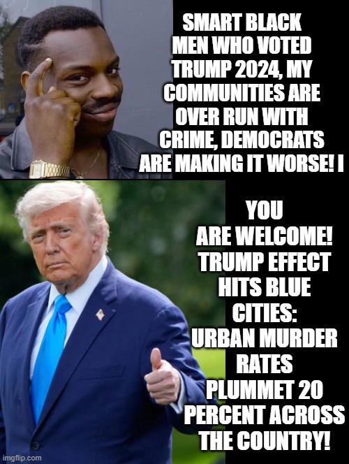Smart black men who voted Trump! You are welcome!!! | SMART BLACK MEN WHO VOTED TRUMP 2024, MY COMMUNITIES ARE OVER RUN WITH CRIME, DEMOCRATS ARE MAKING IT WORSE! I; YOU ARE WELCOME! TRUMP EFFECT HITS BLUE CITIES: URBAN MURDER RATES PLUMMET 20 PERCENT ACROSS THE COUNTRY! | image tagged in roll safe think about it,smart guy,the real scroll of truth | made w/ Imgflip meme maker