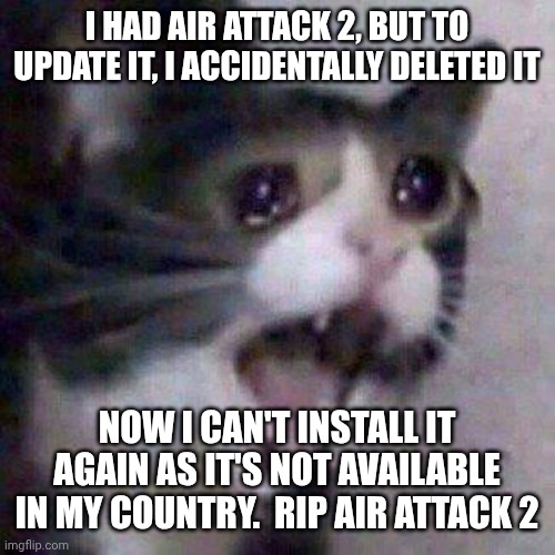 I made a terrible mistake | I HAD AIR ATTACK 2, BUT TO UPDATE IT, I ACCIDENTALLY DELETED IT; NOW I CAN'T INSTALL IT AGAIN AS IT'S NOT AVAILABLE IN MY COUNTRY.  RIP AIR ATTACK 2 | image tagged in cat screaming,airplane | made w/ Imgflip meme maker