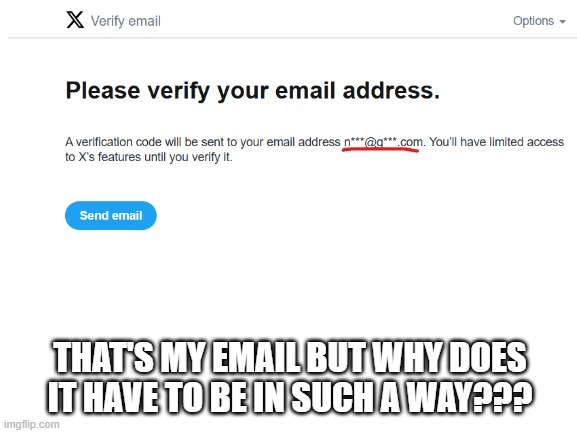X is wild | THAT'S MY EMAIL BUT WHY DOES IT HAVE TO BE IN SUCH A WAY??? | image tagged in blank white template | made w/ Imgflip meme maker