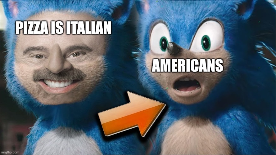 flatbread with tomato, cheese, and whatever else... | PIZZA IS ITALIAN; AMERICANS | image tagged in sonic side 2 side comparison,pizza | made w/ Imgflip meme maker