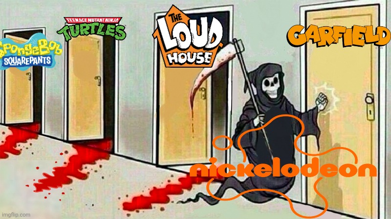 death knocking at the door | image tagged in death knocking at the door,nickelodeon,spongebob squarepants,the loud house,tmnt,garfield | made w/ Imgflip meme maker