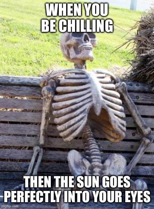 It’s annoying | WHEN YOU BE CHILLING; THEN THE SUN GOES PERFECTLY INTO YOUR EYES | image tagged in memes,waiting skeleton | made w/ Imgflip meme maker