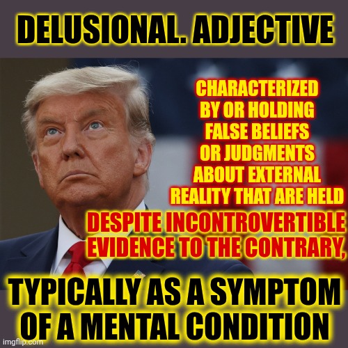 Congress Is Supposed To Protect Us From Mentally Ill Presidents But Congress Isn't Doing Their Job | DELUSIONAL. ADJECTIVE; CHARACTERIZED BY OR HOLDING FALSE BELIEFS OR JUDGMENTS ABOUT EXTERNAL REALITY THAT ARE HELD; DESPITE INCONTROVERTIBLE EVIDENCE TO THE CONTRARY, TYPICALLY AS A SYMPTOM OF A MENTAL CONDITION | image tagged in memes,maga,trump,delusional,mental illness,wake up | made w/ Imgflip meme maker