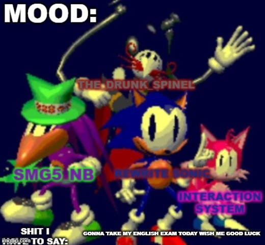 RewriteSonic triple trouble temp | GONNA TAKE MY ENGLISH EXAM TODAY WISH ME GOOD LUCK | image tagged in rewrite spinel smg5_nb interaction system temp | made w/ Imgflip meme maker