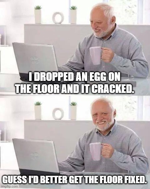 Hide the Pain Harold Meme | I DROPPED AN EGG ON THE FLOOR AND IT CRACKED. GUESS I'D BETTER GET THE FLOOR FIXED. | image tagged in memes,hide the pain harold | made w/ Imgflip meme maker