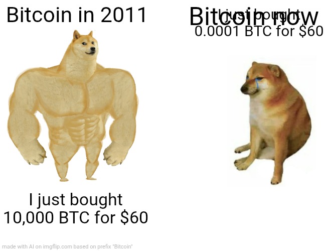 Buff Doge vs. Cheems | I just bought 0.0001 BTC for $60; Bitcoin in 2011; Bitcoin now; I just bought 10,000 BTC for $60 | image tagged in memes,buff doge vs cheems | made w/ Imgflip meme maker
